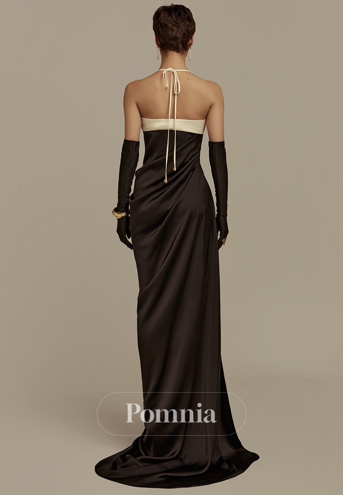 Black Halter Sleeveless Backless Satin Evening Dress