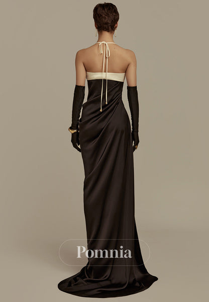 Black Halter Sleeveless Backless Satin Evening Dress
