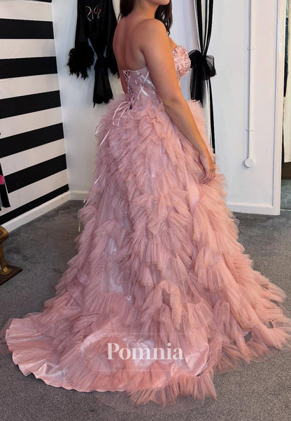 Blushing Pink Sleeveless Strapless Ruffles Sequins Prom Dress