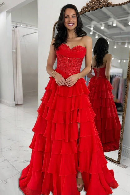 Sweetheart Off-Shoulder Beaded Applique Chiffon Ruffled Tiered A-Line Prom Dress