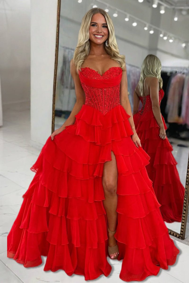 Sweetheart Off-Shoulder Beaded Applique Chiffon Ruffled Tiered A-Line Prom Dress