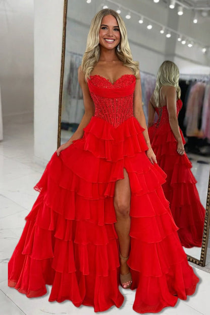Sweetheart Off-Shoulder Beaded Applique Chiffon Ruffled Tiered A-Line Prom Dress
