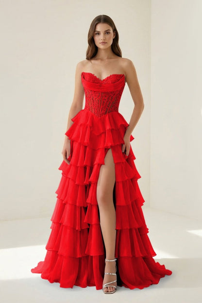 Strapless A Line Chiffon Ruffled Prom Dresses With Appliques