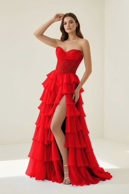 Strapless A Line Chiffon Ruffled Prom Dresses With Appliques