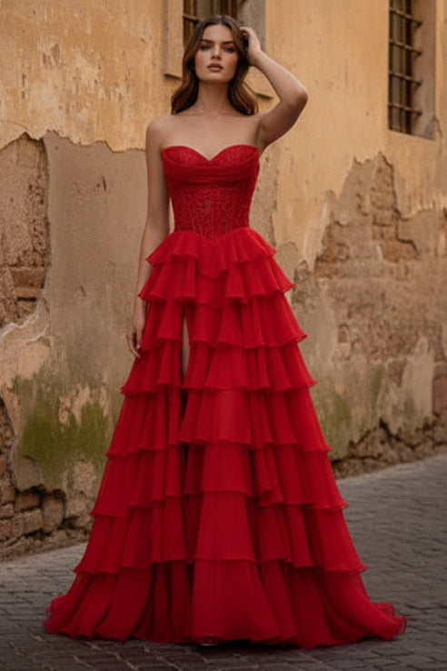 Sweetheart Off-Shoulder Beaded Applique Chiffon Ruffled Tiered A-Line Prom Dress