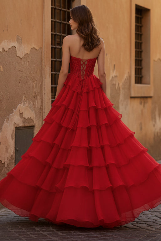 Sweetheart Off-Shoulder Beaded Applique Chiffon Ruffled Tiered A-Line Prom Dress