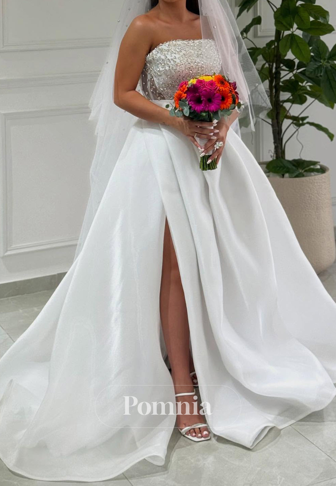 Charming A-Line Sleeveless Strapless Slit Wedding Dress