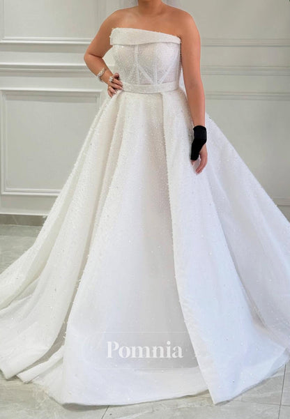 Simple A-Line Strapless Sleeveless Sequins Wedding Dress