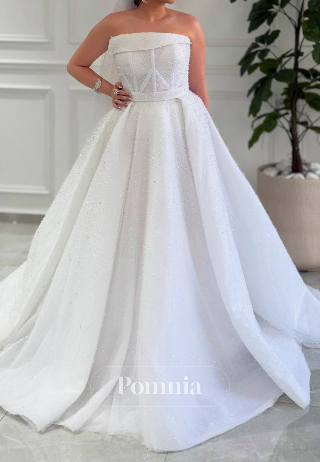 Simple A-Line Strapless Sleeveless Sequins Wedding Dress
