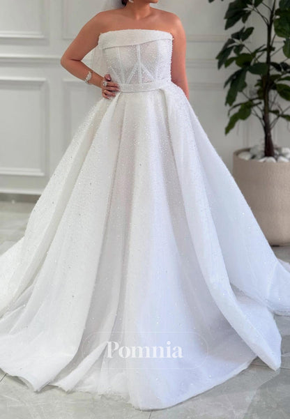 Simple A-Line Strapless Sleeveless Sequins Wedding Dress