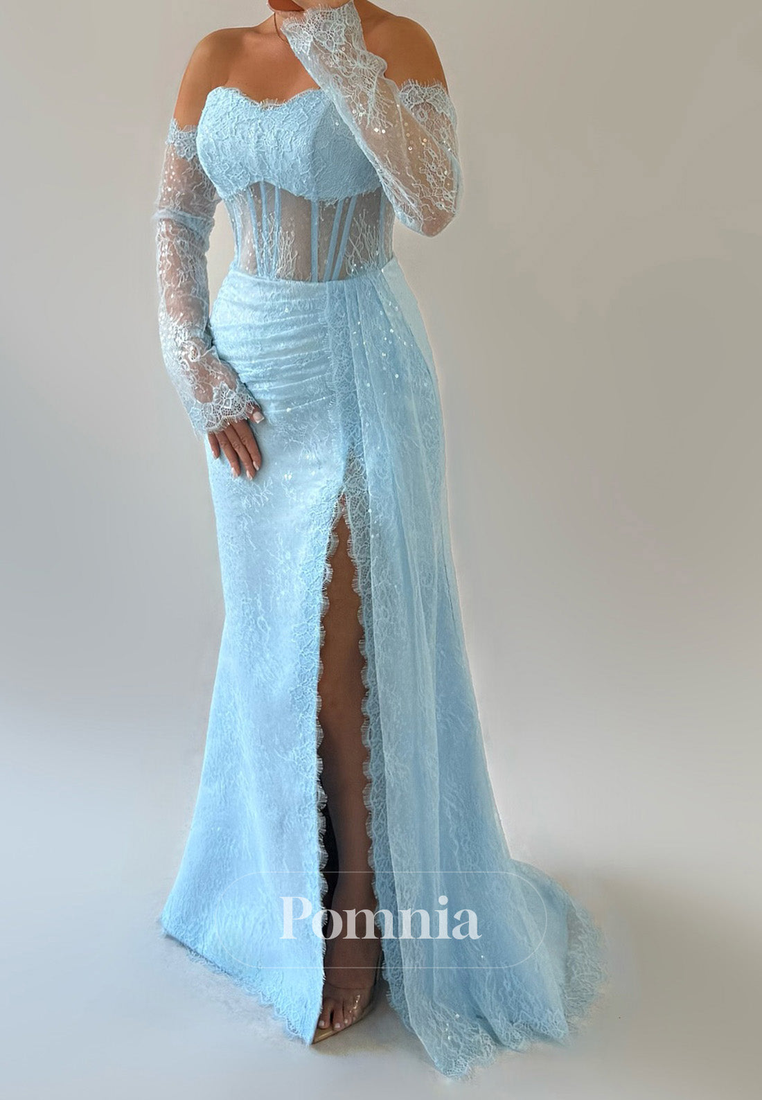 Sky Blue Off-Shoulder Long Sleeves Slit Corset Tulle Prom Dress