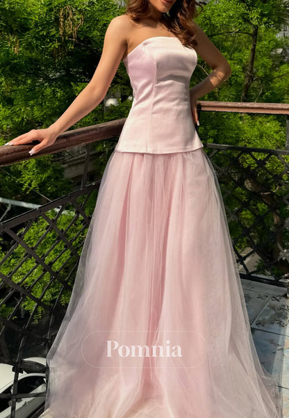 Simple Sleeveless Strapless Lace Prom Dress