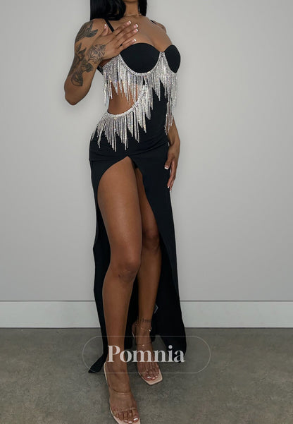 Black Spaghetti Straps Sweetheart Slit Sequins Prom Dress