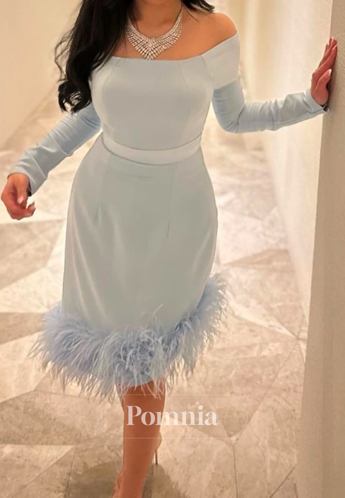 Mist Long Sleeves Off-Shoulder Feathers Short Homecoming Dress