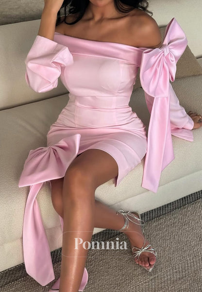 Blushing Pink Bowknot Off-Shoulder Mini Homecoming Dress