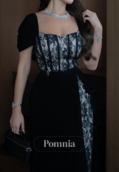 Black Short Sleeves Square Sequins A-Line Prom Dress