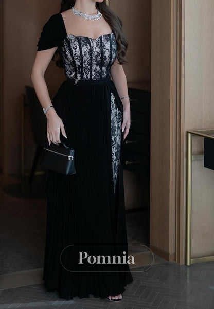 Black Short Sleeves Square Sequins A-Line Prom Dress