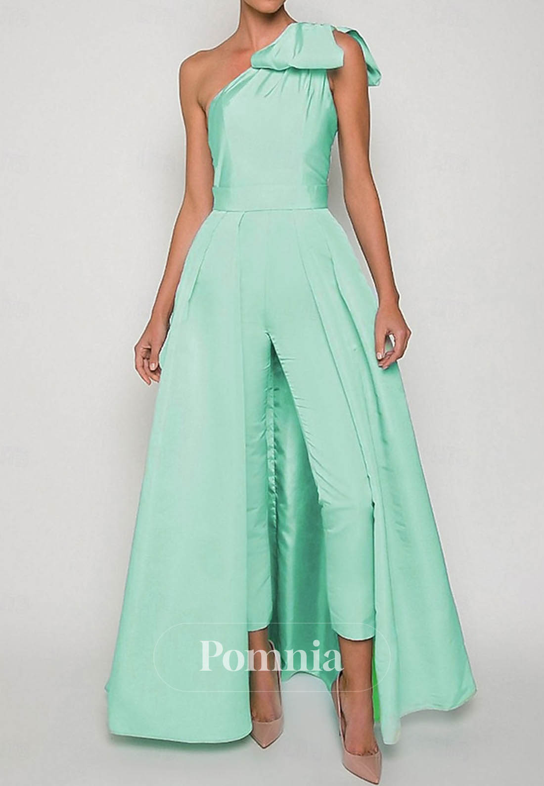 Simple One Shoulder Sleeveless Jumpsuit Satin Evening Dress