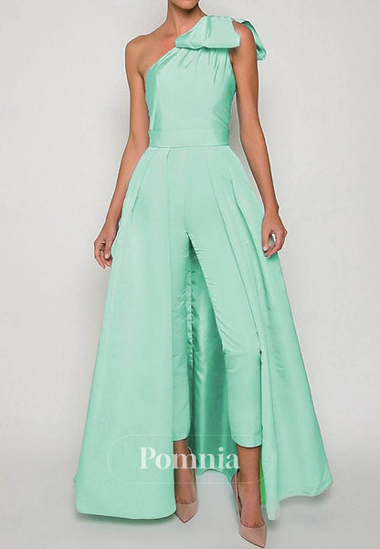 Simple One Shoulder Sleeveless Jumpsuit Satin Evening Dress