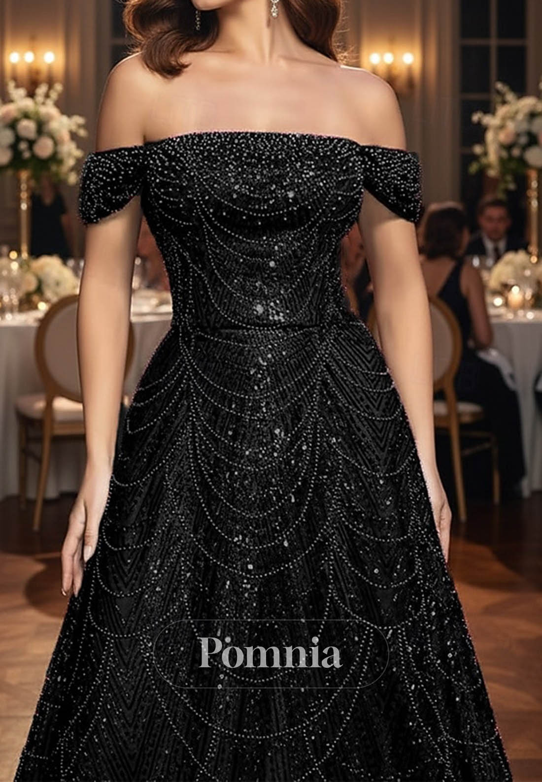 A-Line Off-Shoulder Cap Sleeves Sequins Evening Dress