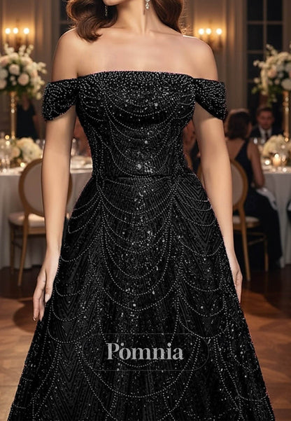 A-Line Off-Shoulder Cap Sleeves Sequins Evening Dress