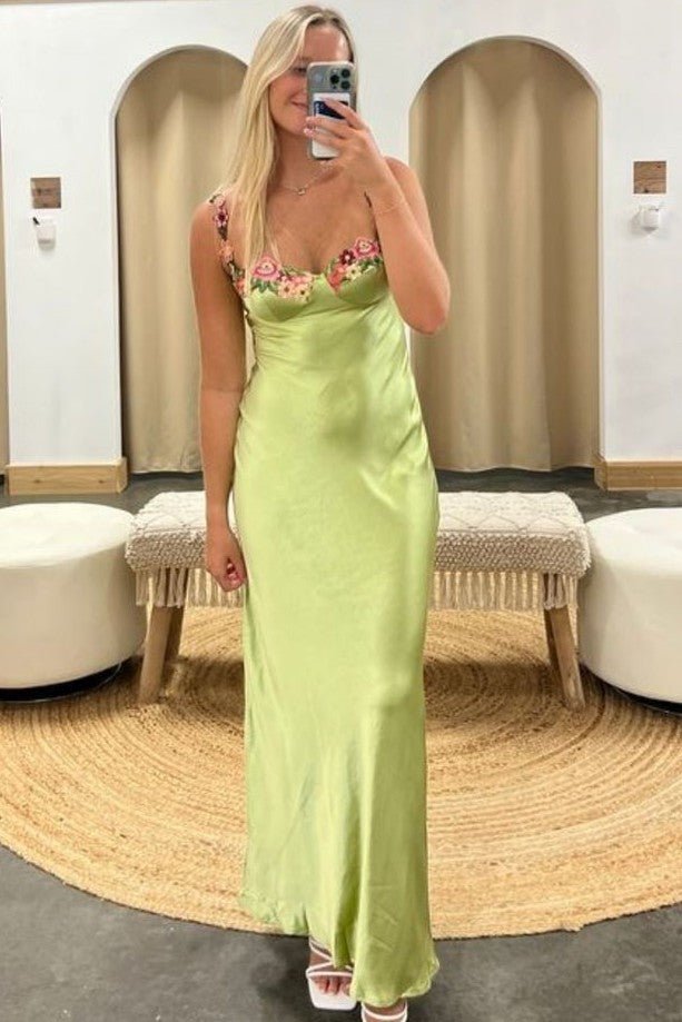 Green Spaghetti Straps Sheath Appliques Satin Prom Dress