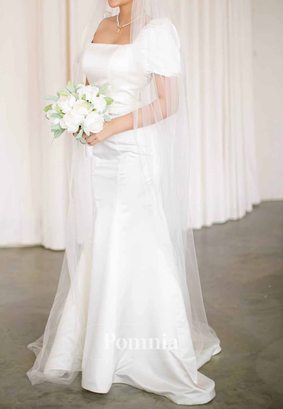 Simple Short Sleeves Square Ruched A-Line Wedding Dress