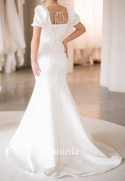 Simple Short Sleeves Square Ruched A-Line Wedding Dress