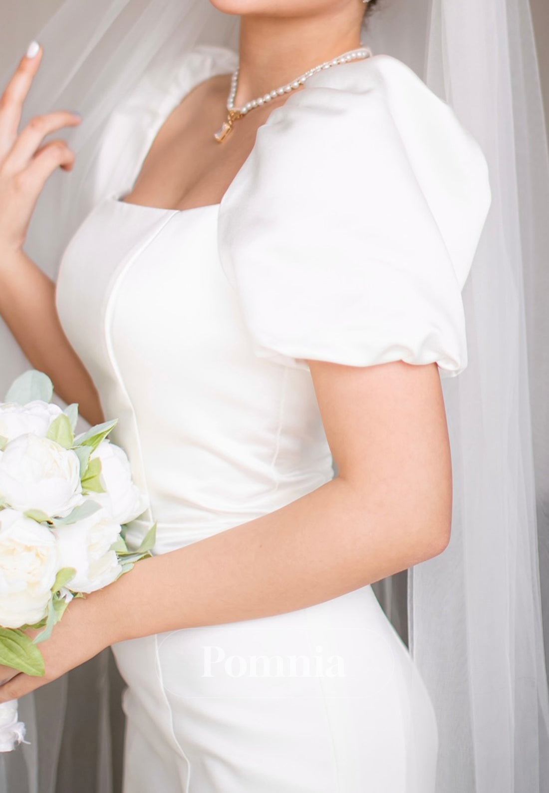 Simple Short Sleeves Square Ruched A-Line Wedding Dress
