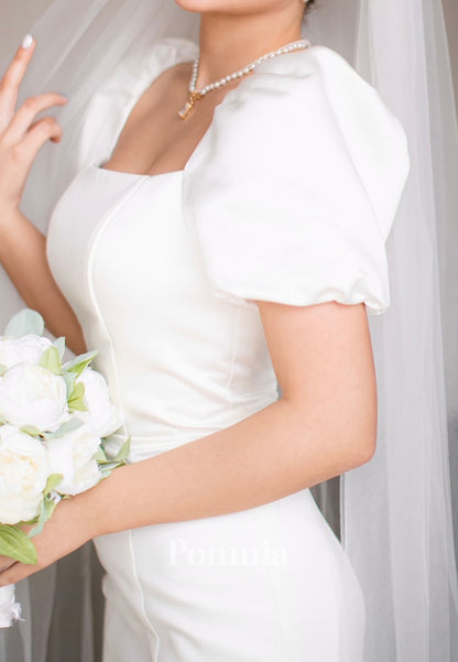 Simple Short Sleeves Square Ruched A-Line Wedding Dress