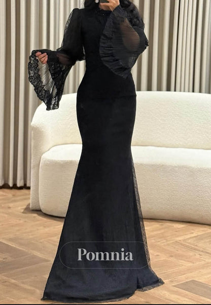 Black Long Sleeves Scoop Empire-Waist Prom Dress