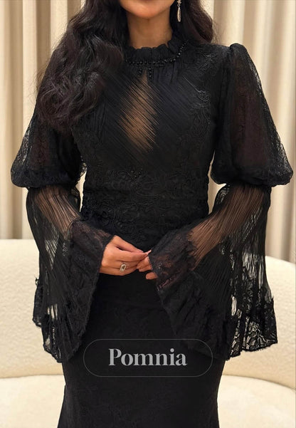 Black Long Sleeves Scoop Empire-Waist Prom Dress