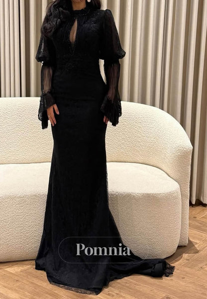 Black Long Sleeves Scoop Empire-Waist Prom Dress