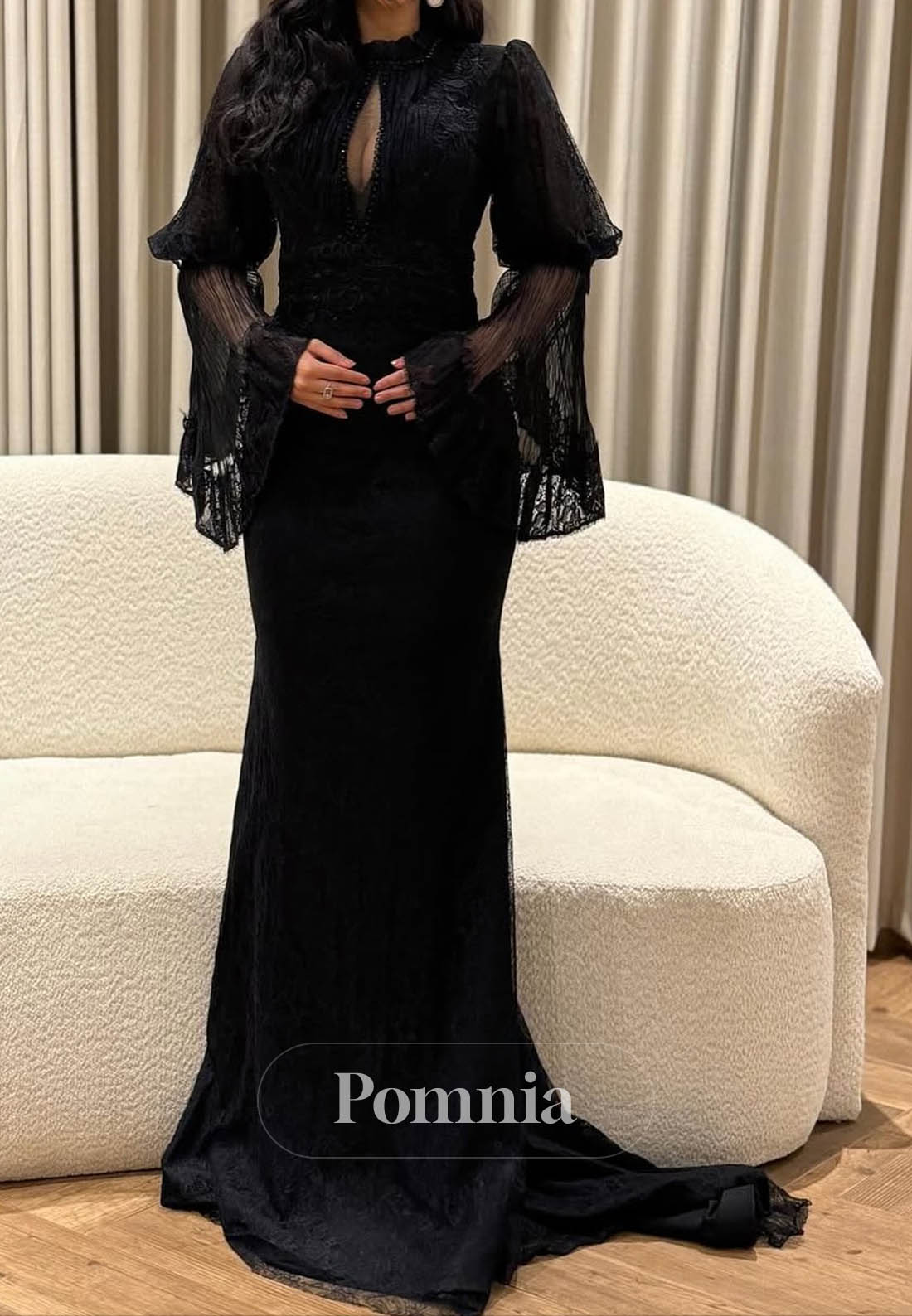 Black Long Sleeves Scoop Empire-Waist Prom Dress