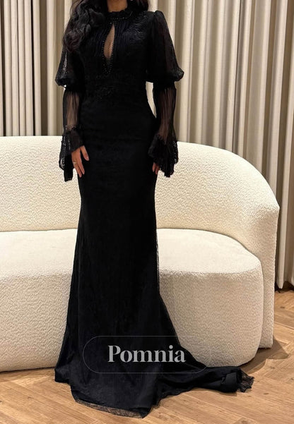 Black Long Sleeves Scoop Empire-Waist Prom Dress
