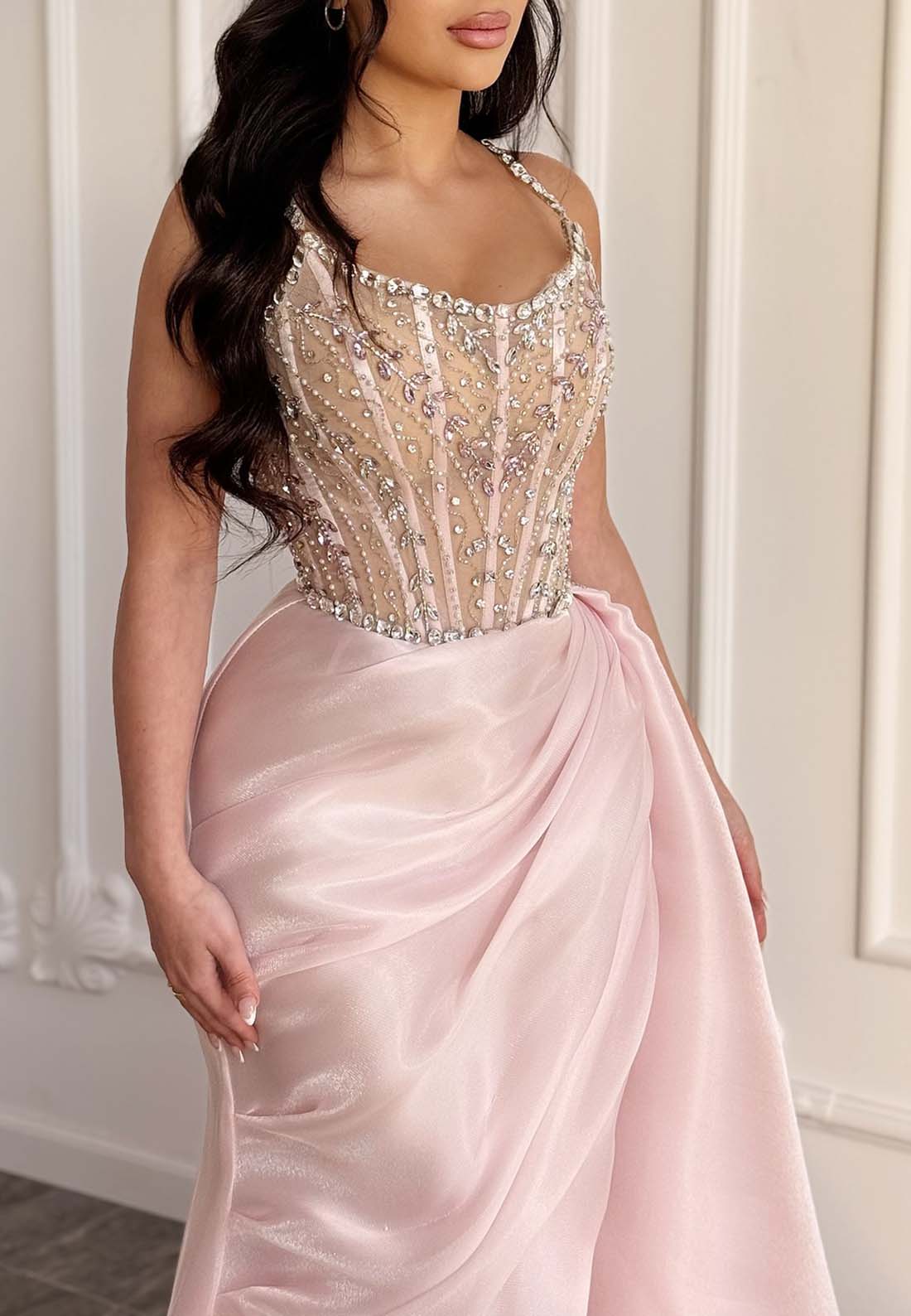 Scoop-Neck Sleeveless Beaded Rhinestone Pleated Chiffon Mermaid Prom Dress with High Slit