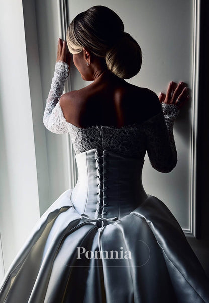 Elegant Long Sleeves Scoop Corset Sweep Train Wedding Dress