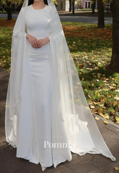 Elegant Long Sleeves Scoop Ruched A-Line Satin Wedding Dress