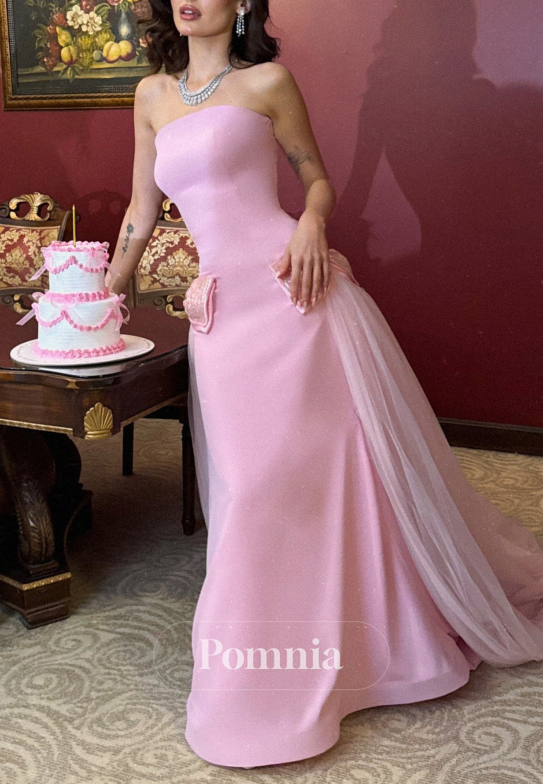 Blushing Pink Sleeveless Strapless Sweep Train Prom Dress