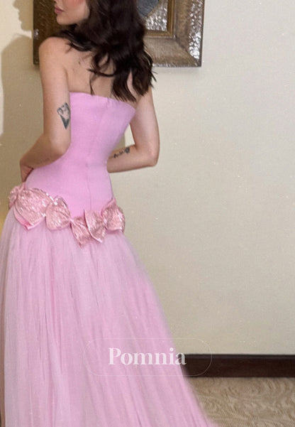 Blushing Pink Sleeveless Strapless Sweep Train Prom Dress