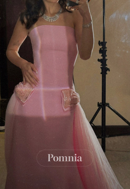 Blushing Pink Sleeveless Strapless Sweep Train Prom Dress