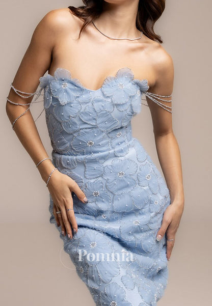 Sky Blue Sleeveless Strapless Floral Appliques Sheath Prom Dress