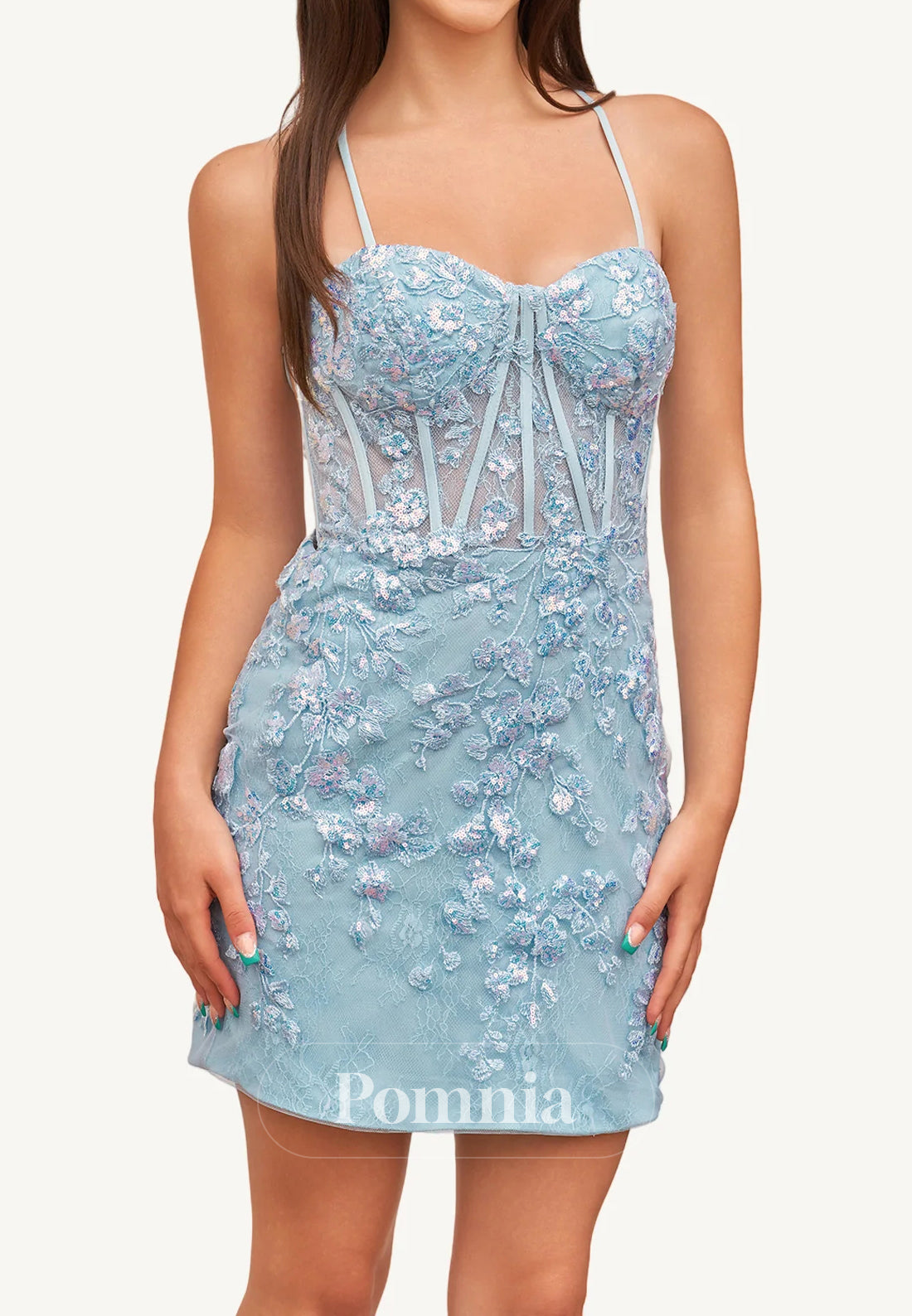 Sky Blue Spaghetti Straps Sweetheart Backless Short Homecoming Dress