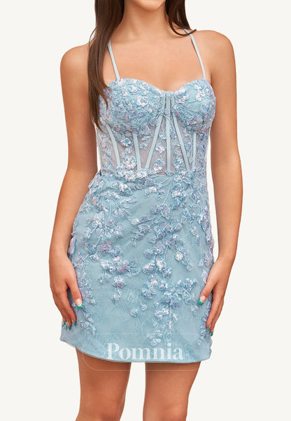 Sky Blue Spaghetti Straps Sweetheart Backless Short Homecoming Dress