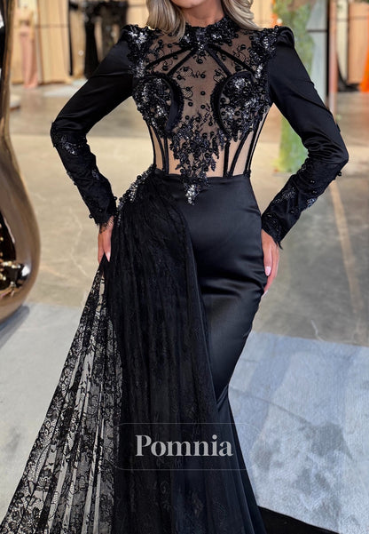 Black Long Sleeves High Neck Corset Tulle Prom Dress