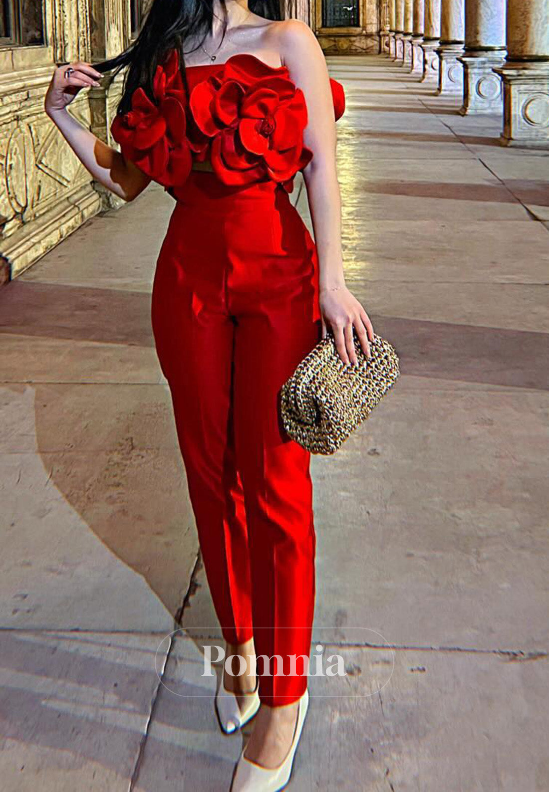 Red Sleeveless Strapless Floral Appliques Jumpsuit
