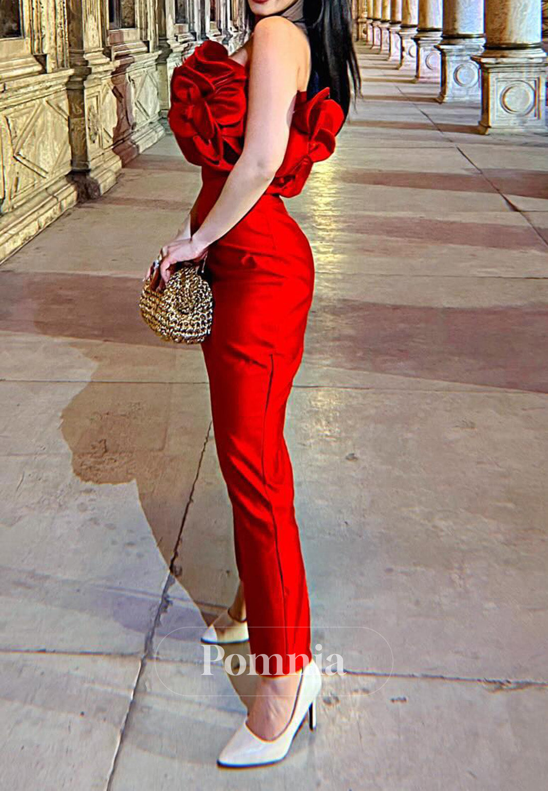 Red Sleeveless Strapless Floral Appliques Jumpsuit