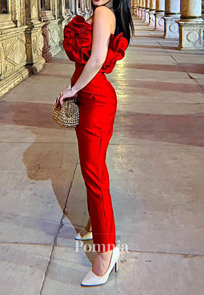 Red Sleeveless Strapless Floral Appliques Jumpsuit