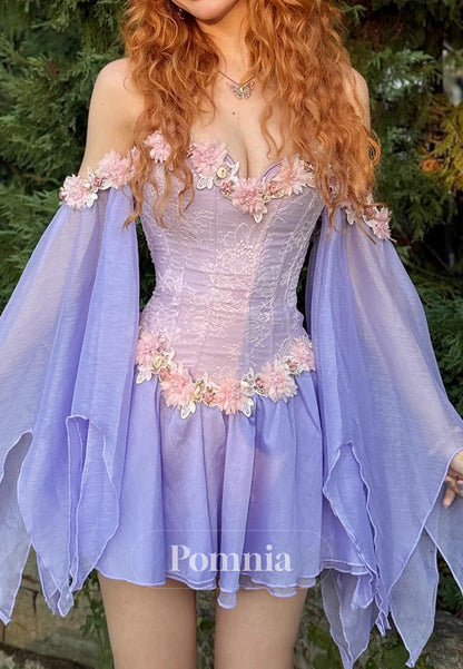 Lilac Sweetheart Long Sleeves Corset Short Homecoming Dress