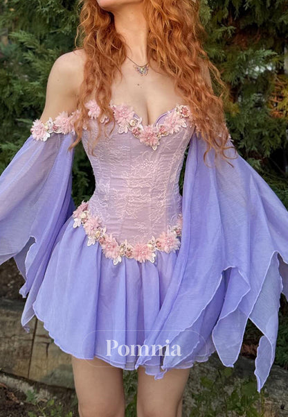 Lilac Sweetheart Long Sleeves Corset Short Homecoming Dress